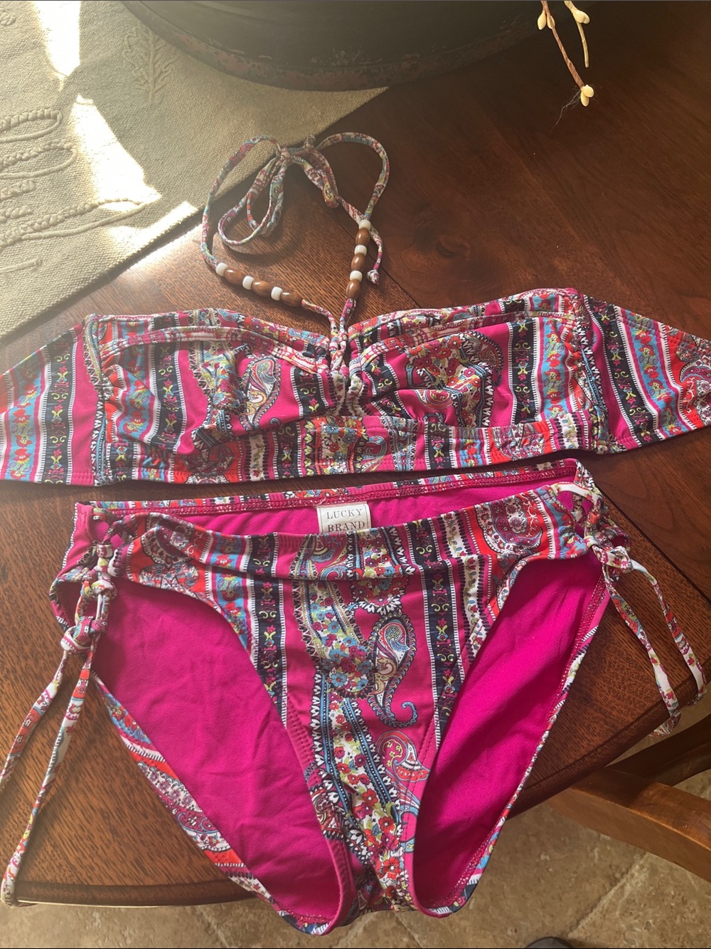 Lucky Brand Fuchsia Paisley Bandeau Bikini Set with Bead Accents
